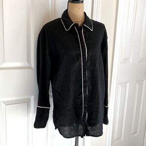 DECJUBA 100% linen black button down tunic long sleeved top with white detail 6